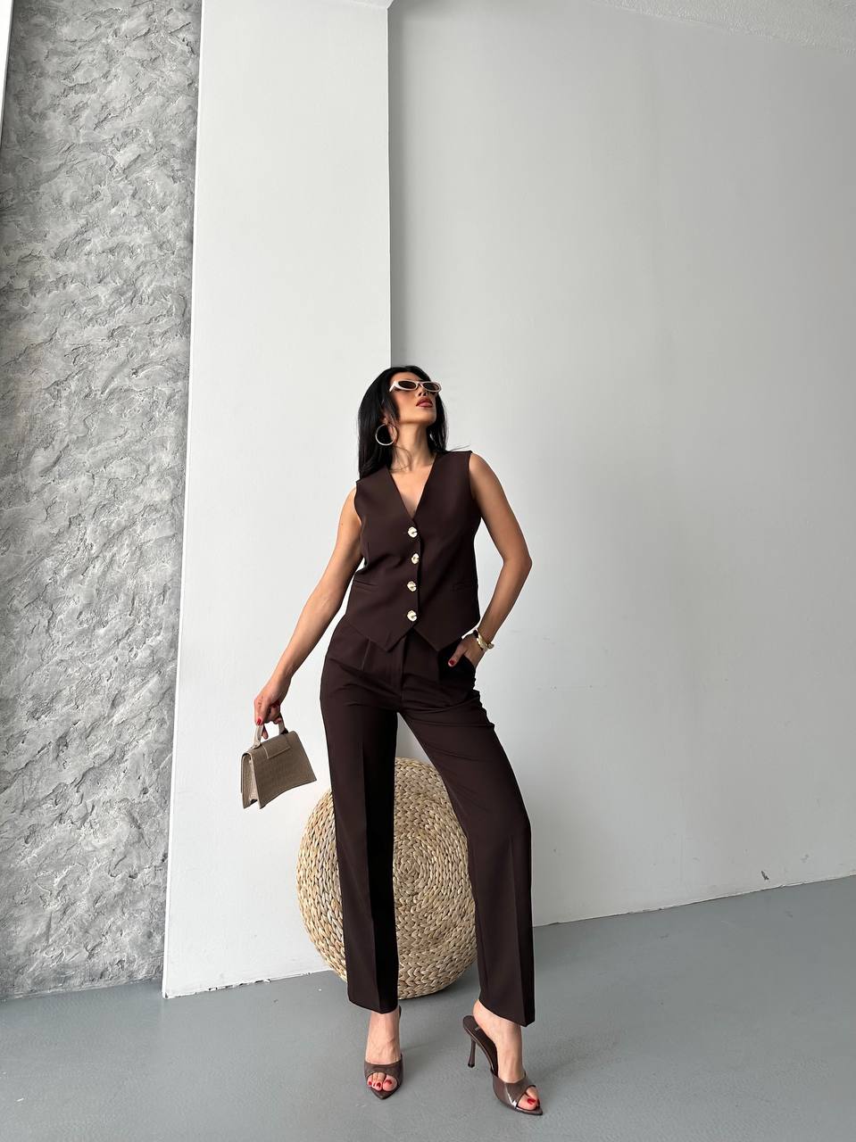 Kadın Tasarım Düğmeli Yelek Pantolon İkili Takım - Kahverengi