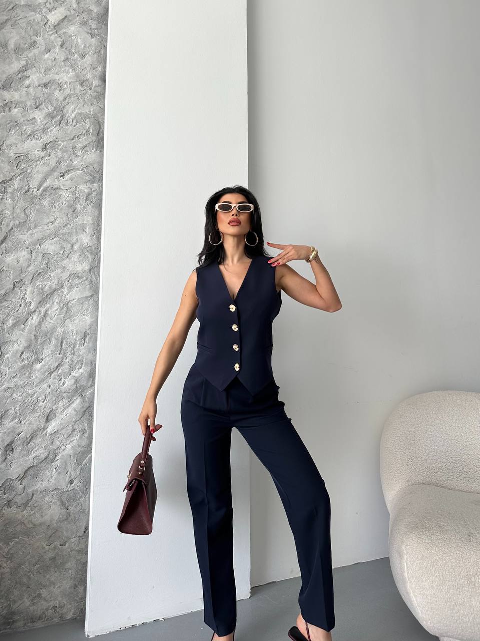 Kadın Tasarım Düğmeli Yelek Pantolon İkili Takım - Lacivert