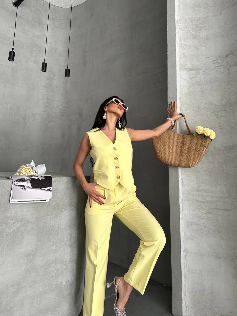 Kadın Tasarım Düğmeli Yelek Pantolon İkili Takım