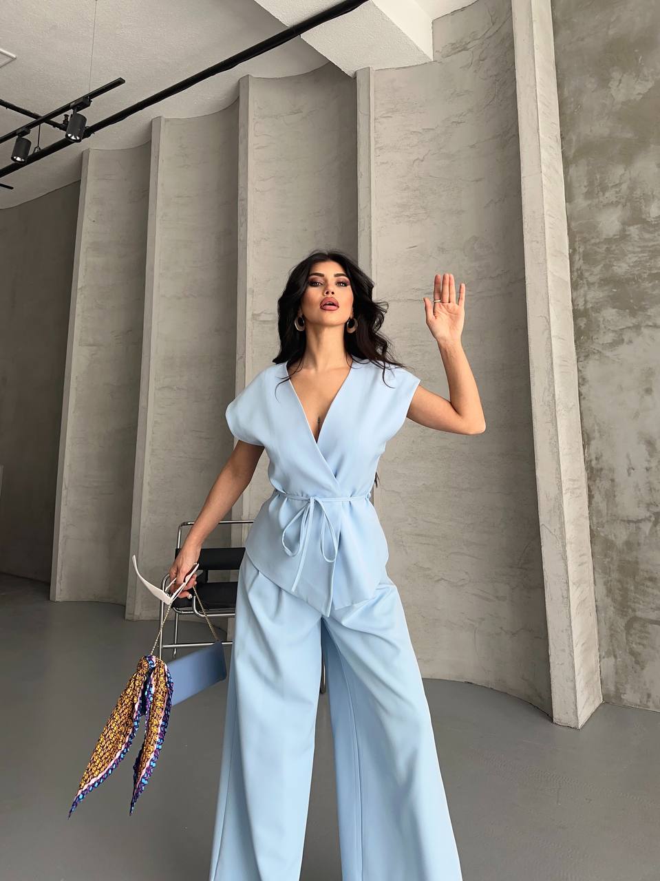 Kadın Kuşaklı Yelek Geniş Paça Pantolon İkili Takım