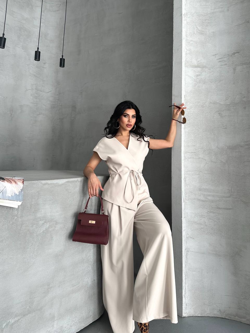 Kadın Kuşaklı Yelek Geniş Paça Pantolon İkili Takım