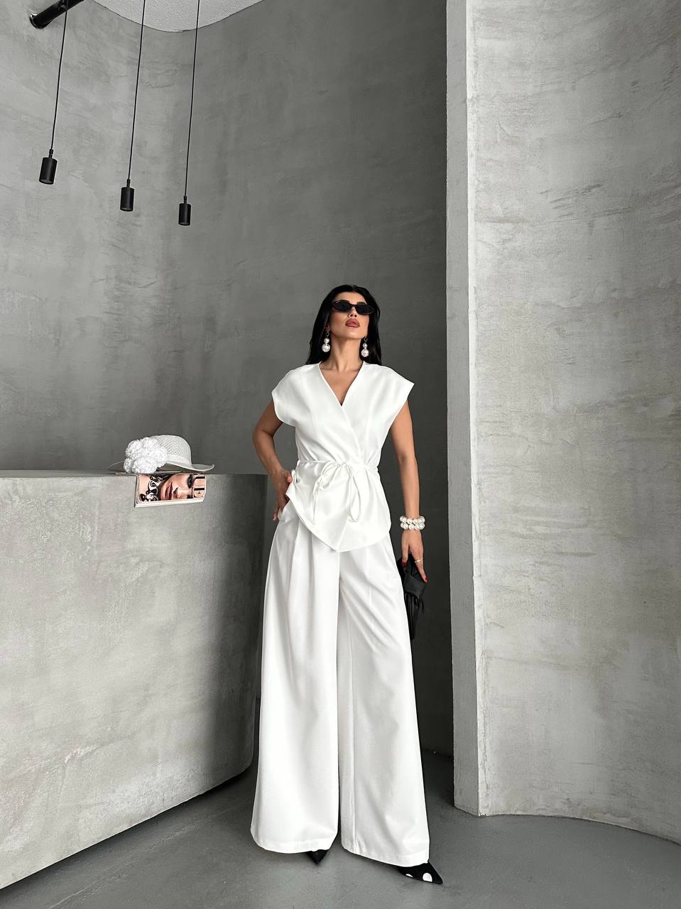 Kadın Kuşaklı Yelek Geniş Paça Pantolon İkili Takım