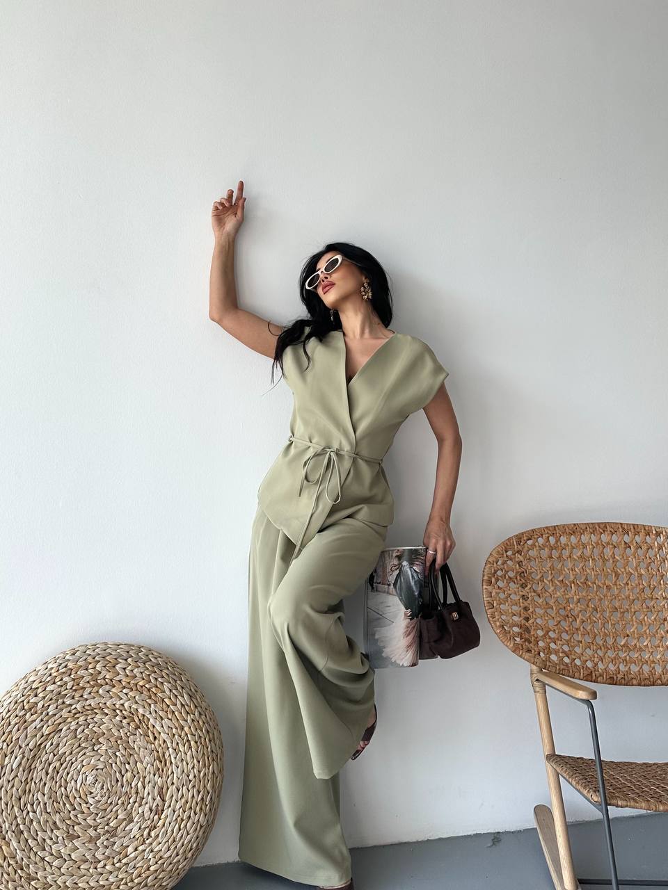 Kadın Kuşaklı Yelek Geniş Paça Pantolon İkili Takım