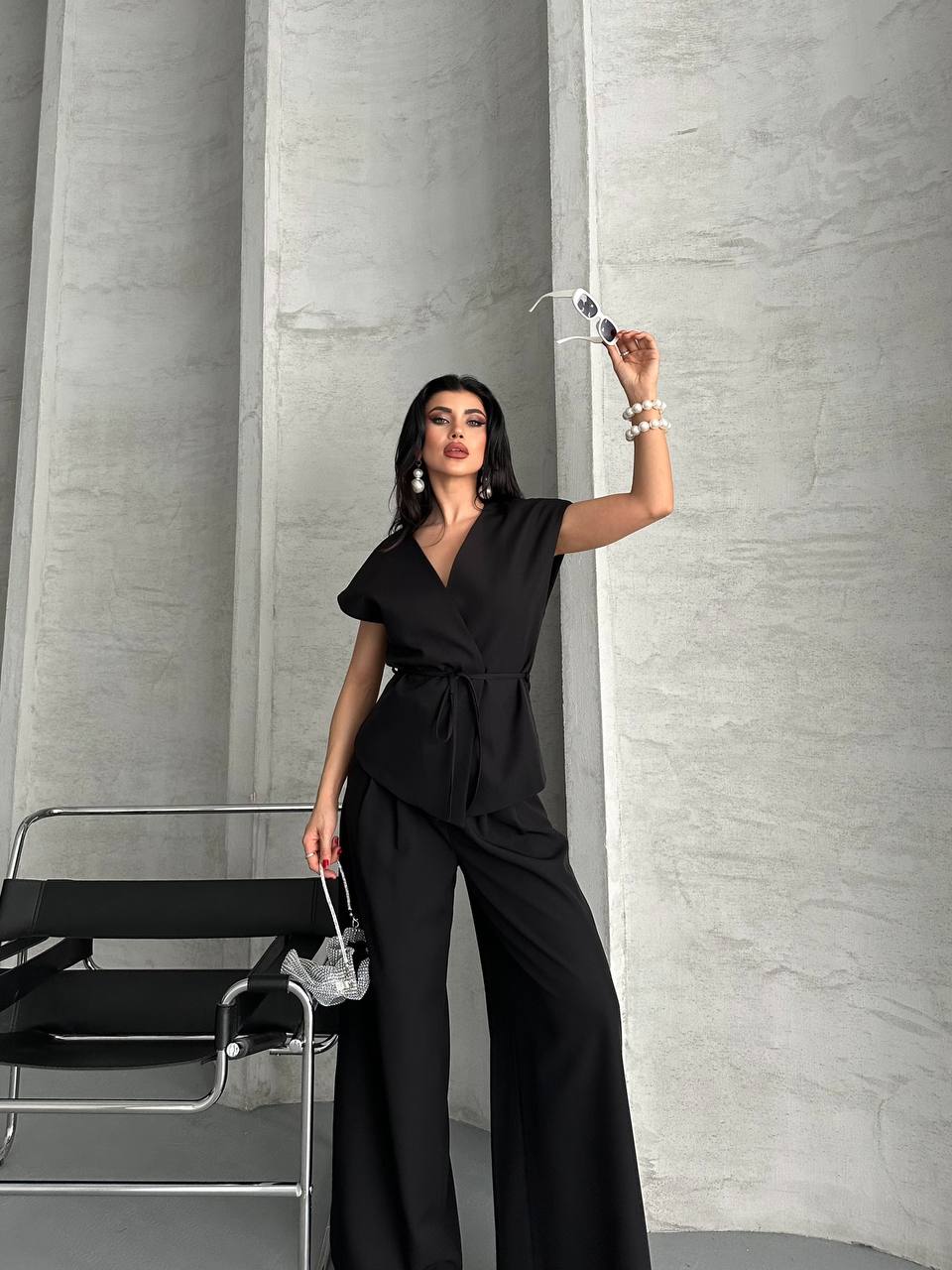 Kadın Kuşaklı Yelek Geniş Paça Pantolon İkili Takım