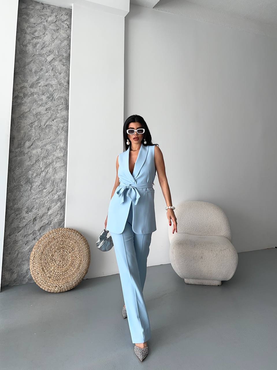 Kadın Kolsuz Kuşaklı Yelek Pantolon İkili Takım