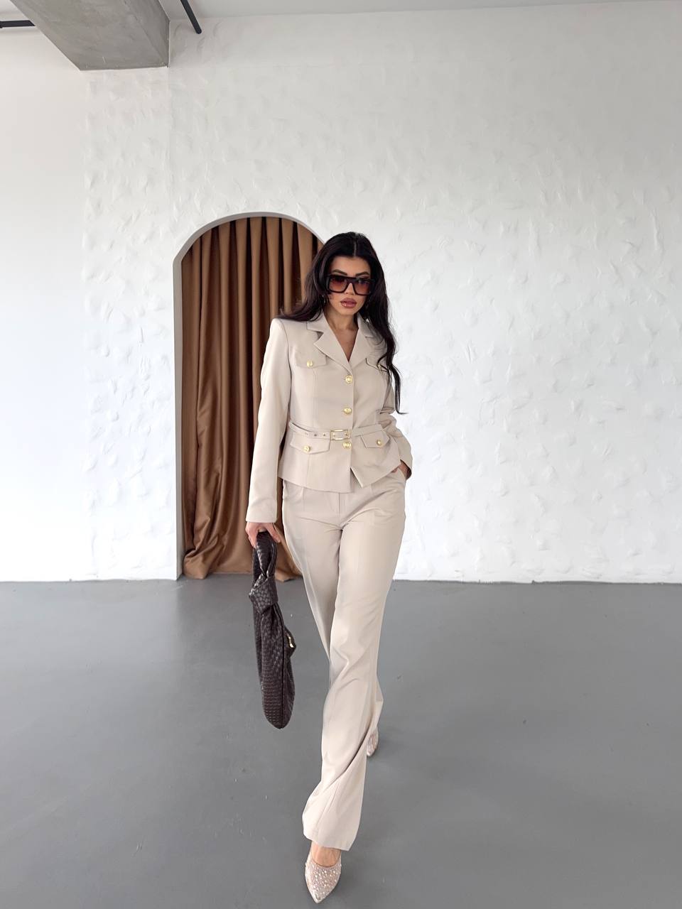 Kadın Gold Düğmeli Kemerli Modern Şık Kombin Takım Elbise