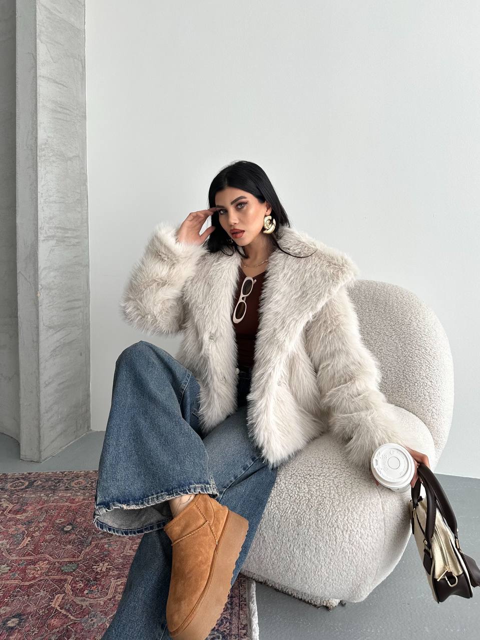 Kadın Şık Kürk Görünümlü Yumuşak Dokulu Ceket Mont - Beyaz