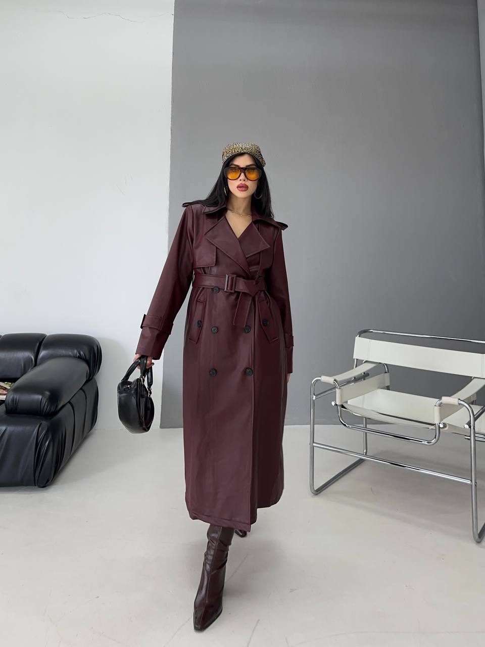 Kadın Klasik Kuşaklı Düğmeli Deri Trençkot