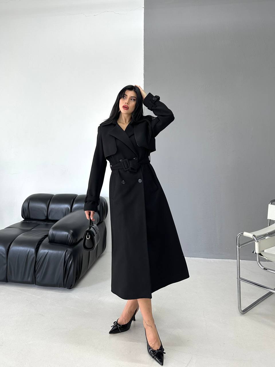 Kadın Kemerli Düğmeli Kaşe Kaban