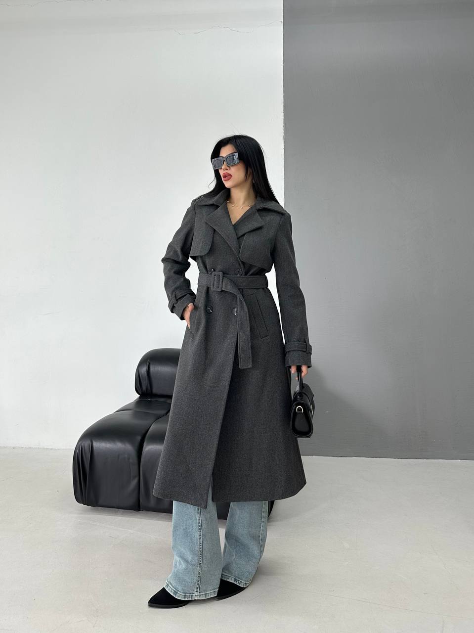 Kadın Kemerli Düğmeli Kaşe Kaban - Antrasit