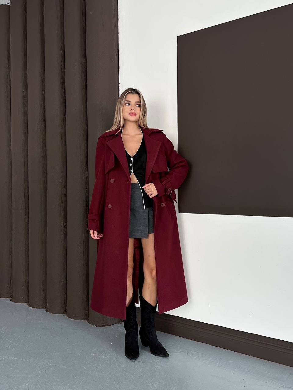 Kadın Kemerli Düğmeli Kaşe Kaban